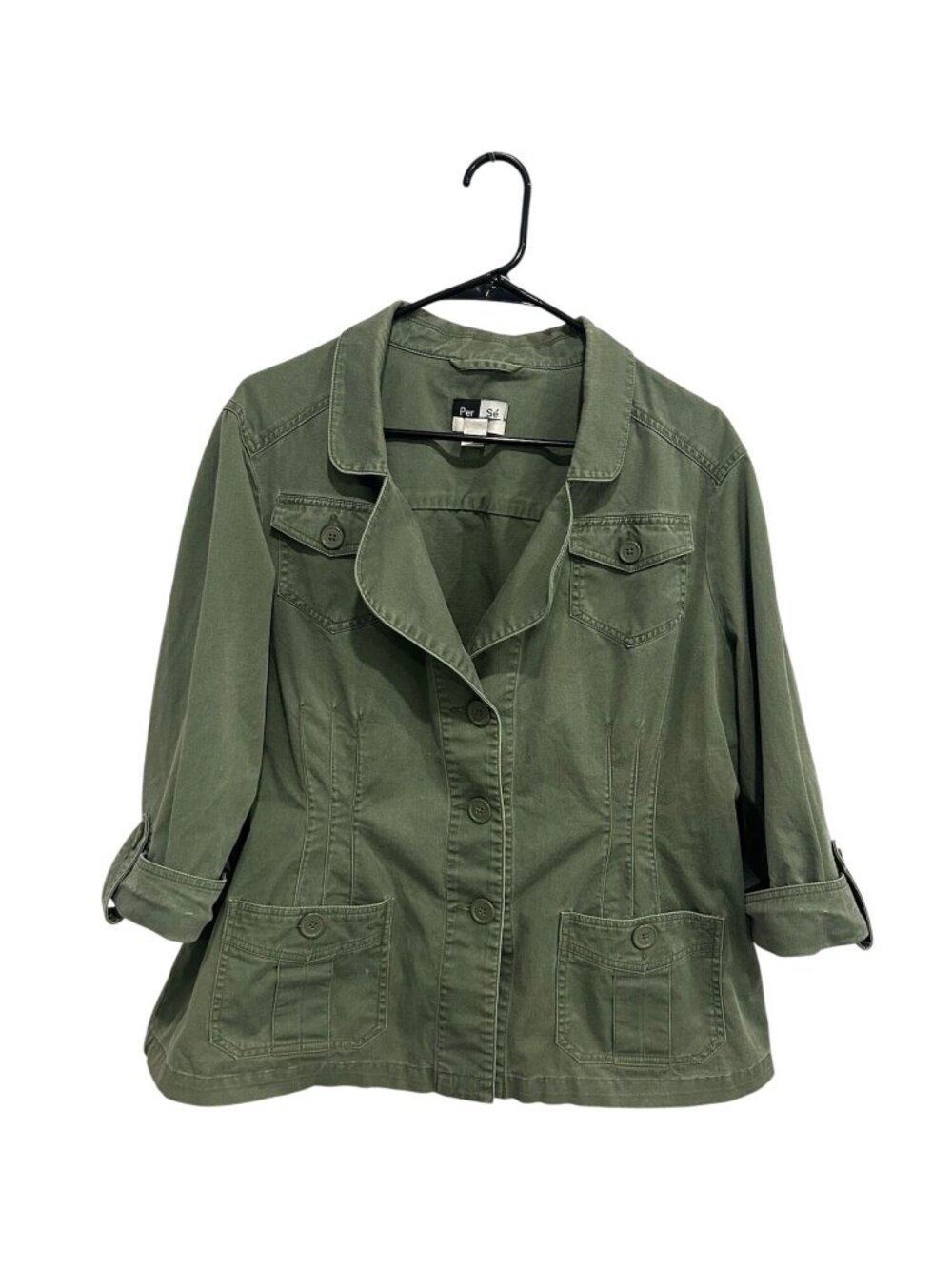Per Se 1X Olive Green Button Down Roll Tab Sleeve Jacket Forestcore Naturecore